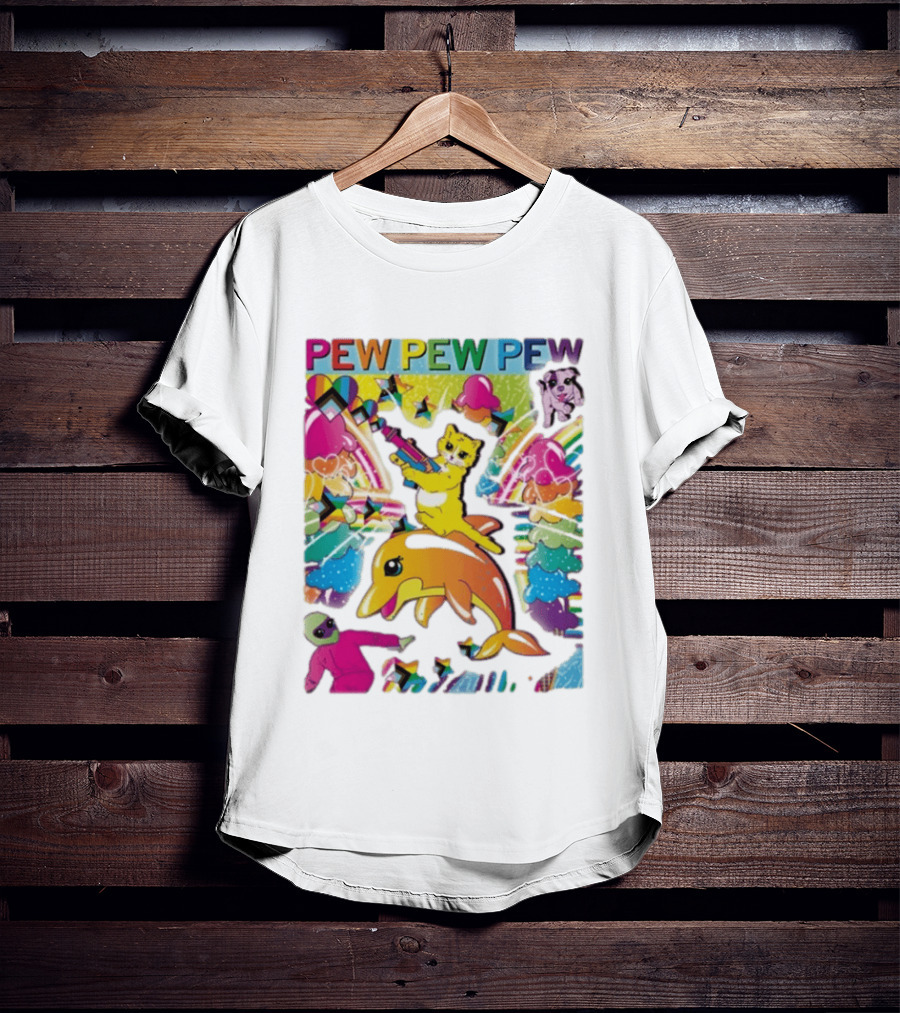 Pew Pew Pew Colorful Cat Dolphin Alien Rainbow T-Shirt