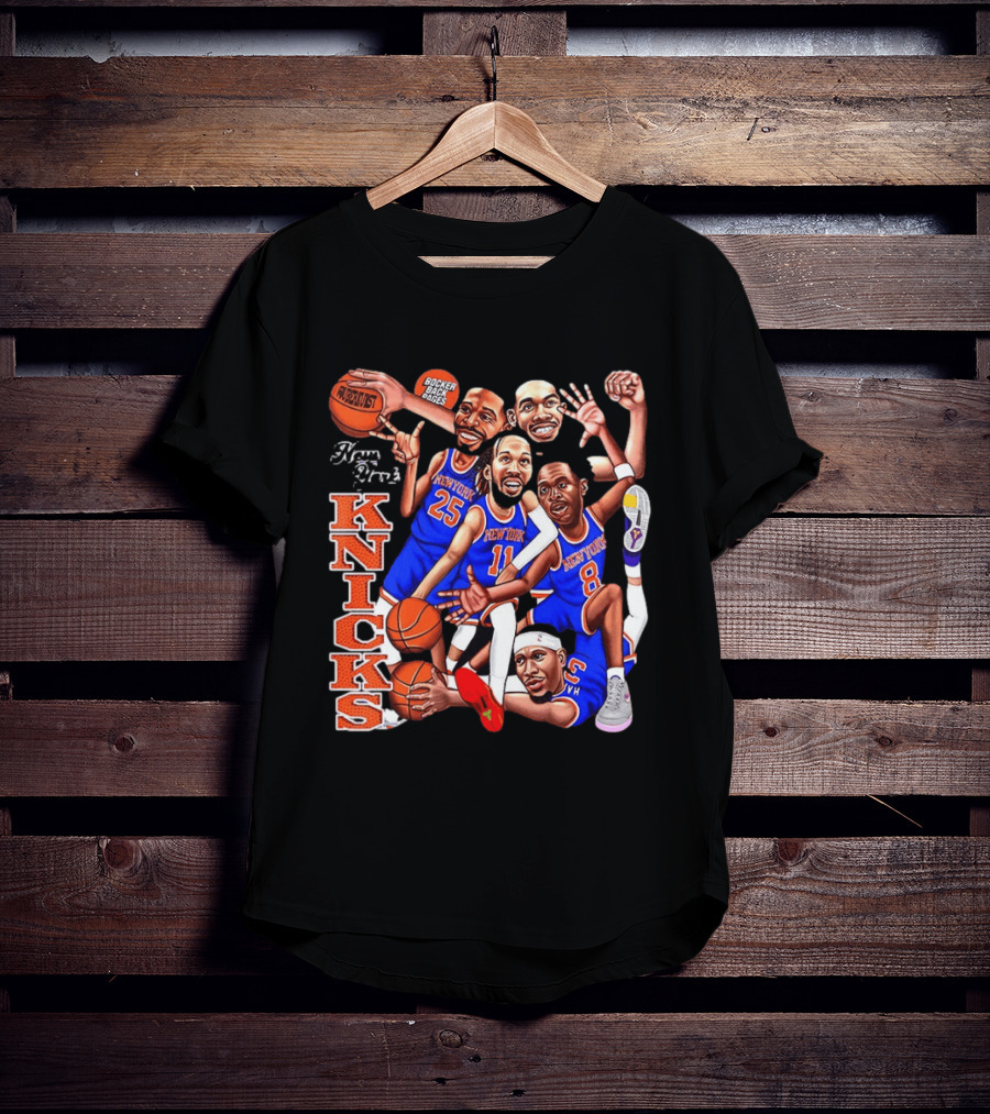 New York Knicks Starting Five 2026 Caricature Dunk Basketball Hoops T-Shirt