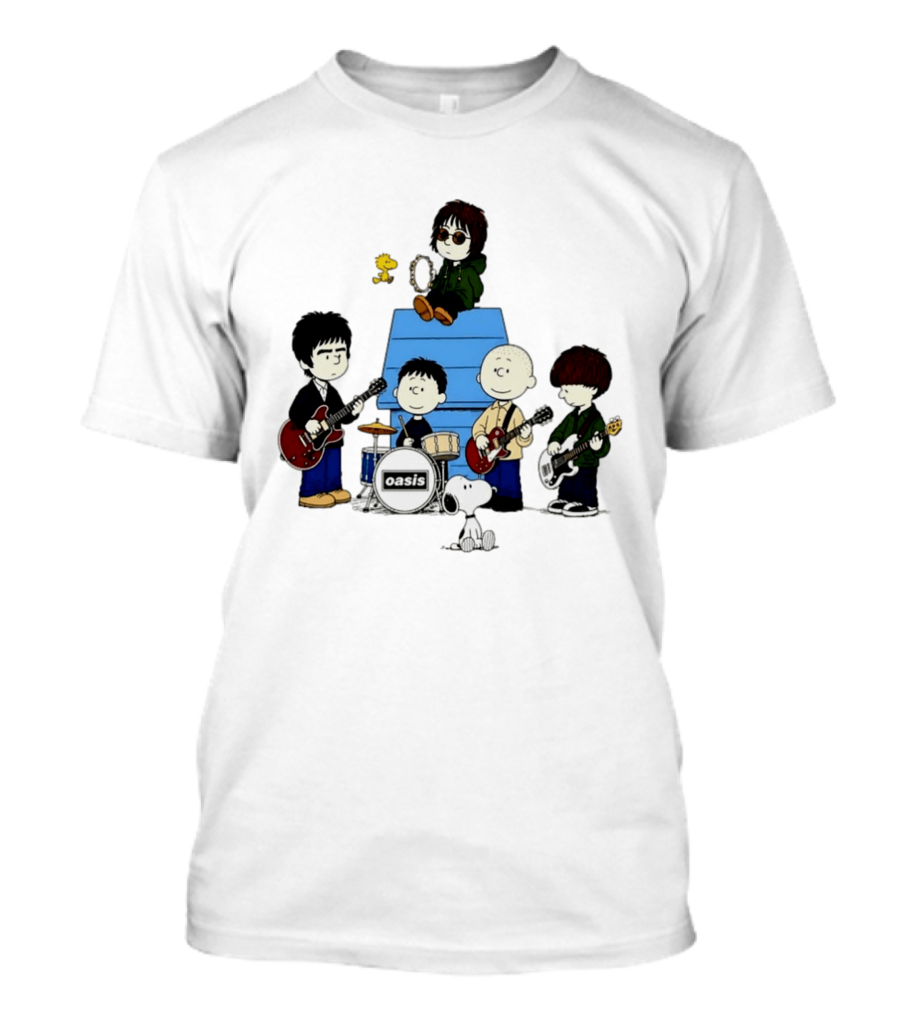 Snoopy Peanuts Oasis Band Cartoon Woodstock Drums Guitars T-Shirt