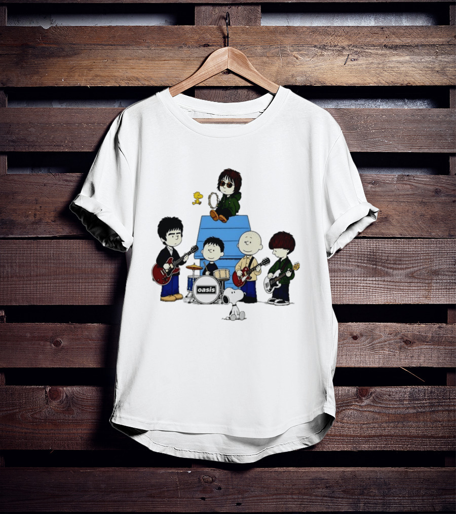Snoopy Peanuts Oasis Band Cartoon Woodstock Drums Guitars T-Shirt