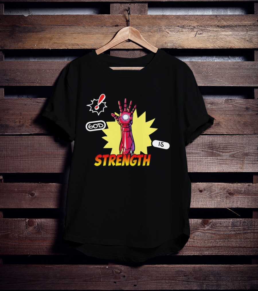 Iron Man God Is Strength Exclamation Comic Style Burst T-Shirt