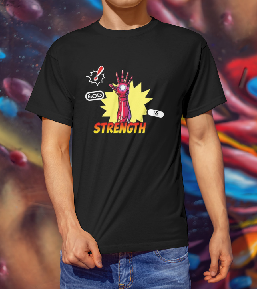 Iron Man God Is Strength Exclamation Comic Style Burst T-Shirt
