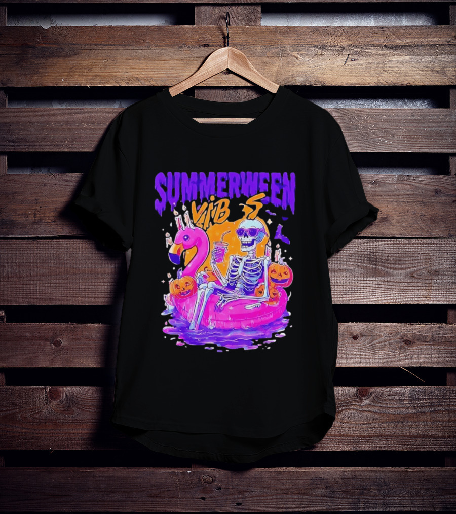 Summerween Vibes Skeleton On Flamingo With Pumpkins T-Shirt