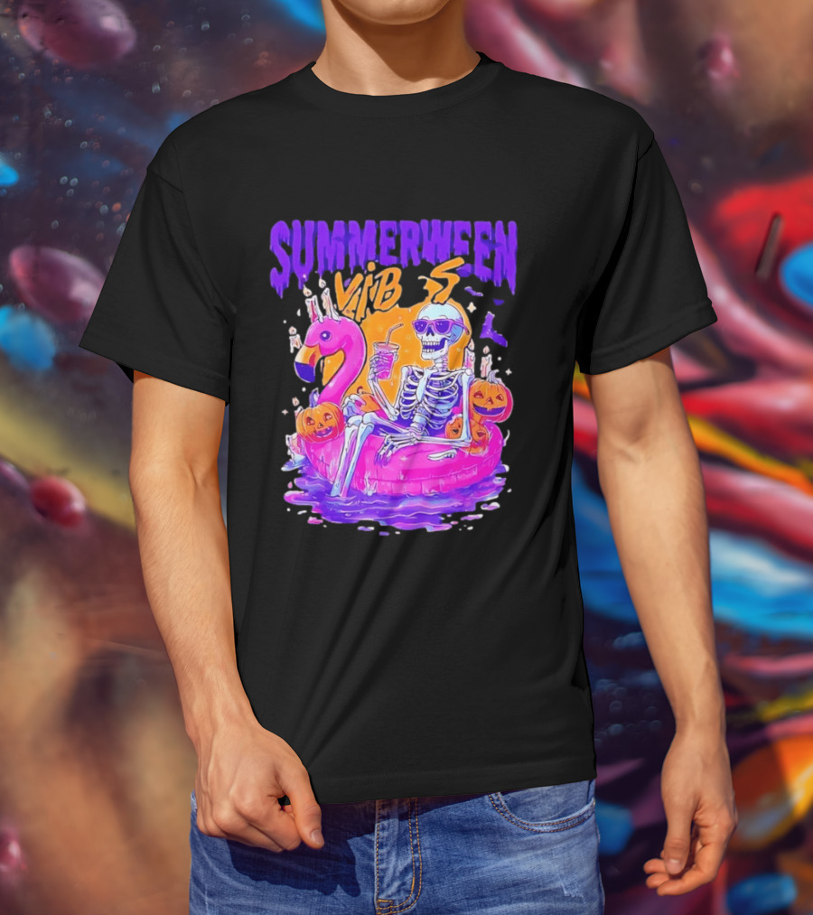 Summerween Vibes Skeleton On Flamingo With Pumpkins T-Shirt