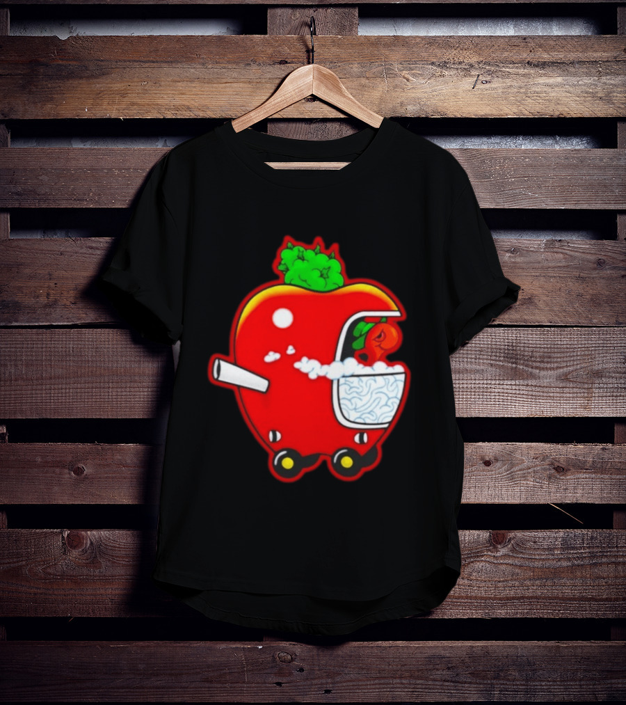 Smokey Worm Apple Cartoon Red Apple With Smoke And Wheels T-Shirt