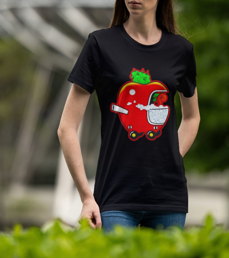 Smokey Worm Apple Cartoon Red Apple With Smoke And Wheels T-Shirt