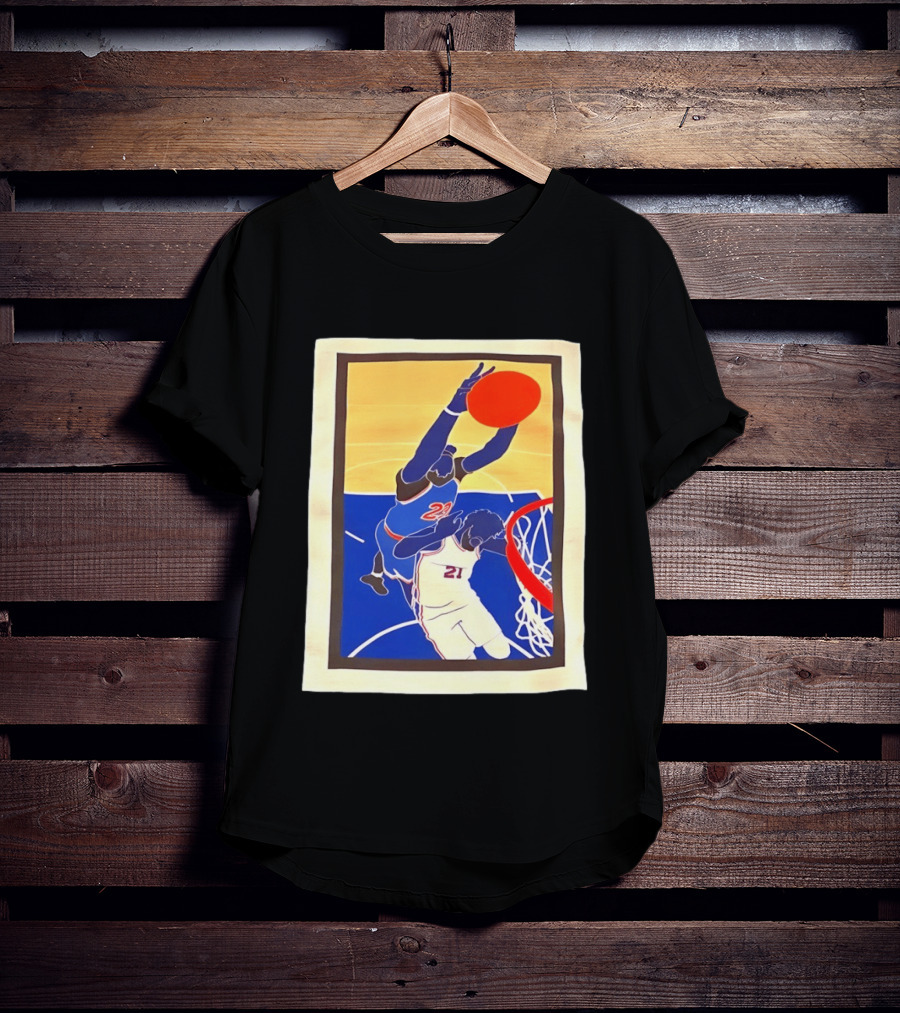 Mitchell Robinson 23 Dunking Joel Embiid 21 New York Knicks Basketball NBA 2026 T-Shirt