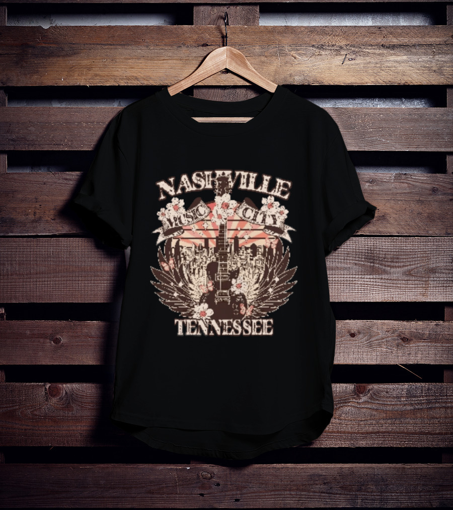 Nashville Music City Tennessee Vintage Guitar Flowers Skyline T-Shirt