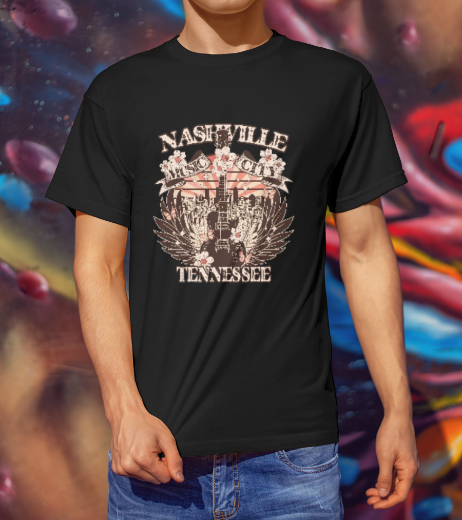 Nashville Music City Tennessee Vintage Guitar Flowers Skyline T-Shirt