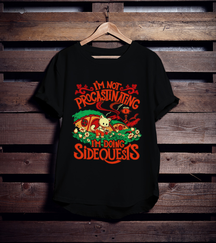 I'm Not Procrastinating I'm Doing Side Quests Cute Cat Adventure Scene T-Shirt