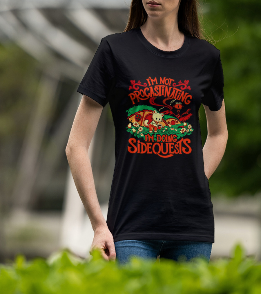 I'm Not Procrastinating I'm Doing Side Quests Cute Cat Adventure Scene T-Shirt