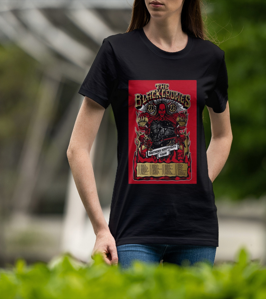 The Black Crowes Southern Hospitality Tour 2026 Red Background Gothic Crow Imagery Vintage Band Tour Dates T-Shirt