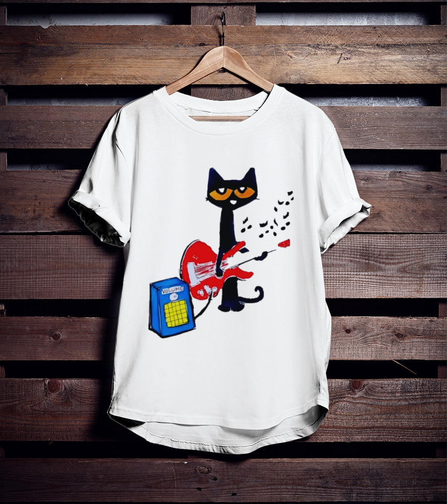Pete The Cat Playing Red Guitar With Volume Amplifier Music Notes T-Shirt