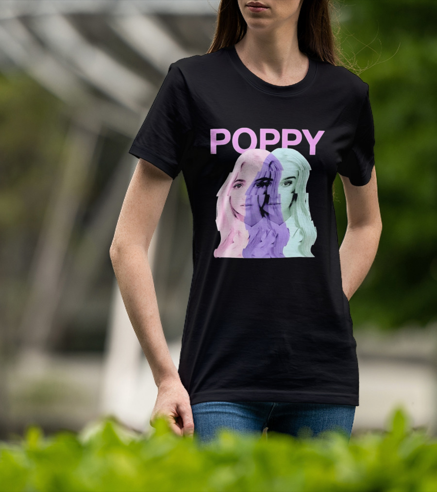 Poppy Digital Muse Glitch Faces Tricolor T-Shirt