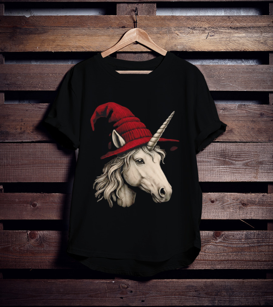 Unicorn With Red Wizard Witch Hat Beanie T-Shirt