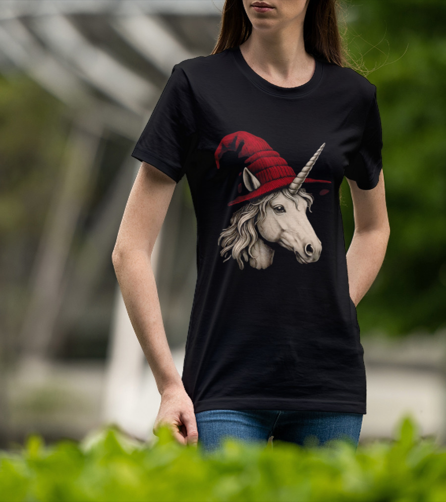 Unicorn With Red Wizard Witch Hat Beanie T-Shirt