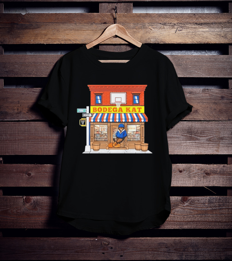 Bodega KAT New York Knicks Basketball Street Scene Purr Street Sign T-Shirt
