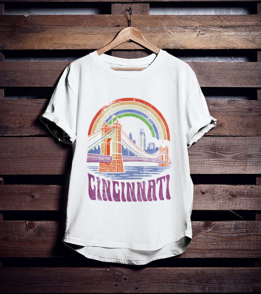 Cincinnati Roebling Bridge Rainbow Skyline Proud Of Our City T-Shirt