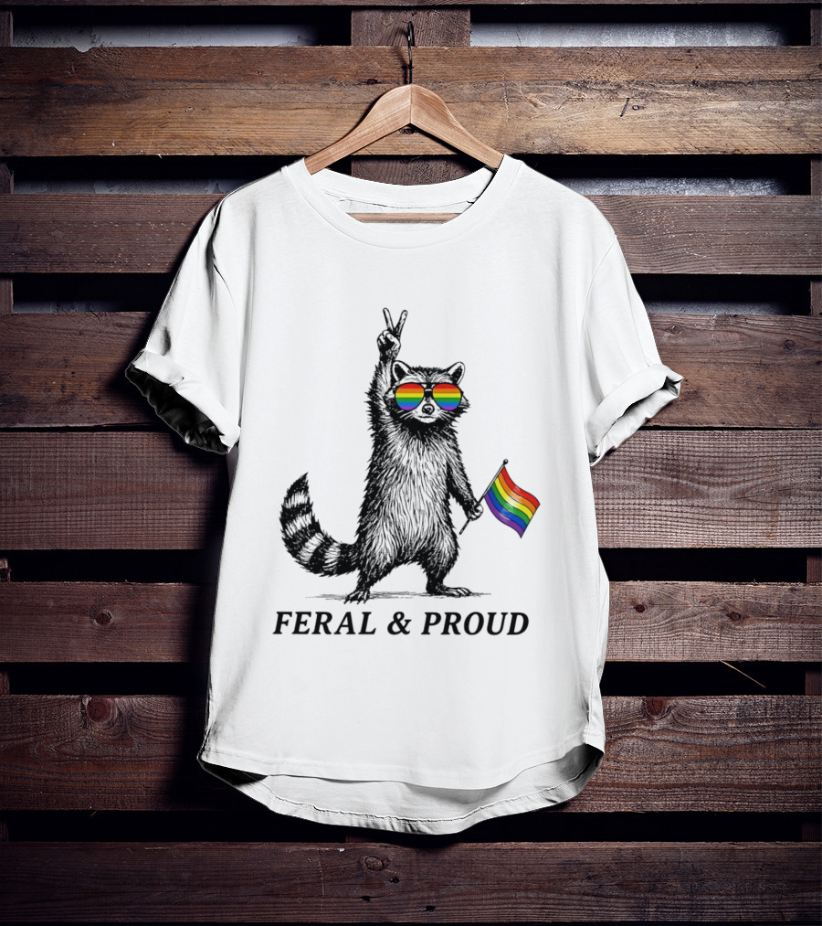 Feral And Proud Raccoon Peace Sign Rainbow Sunglasses Flag T-Shirt