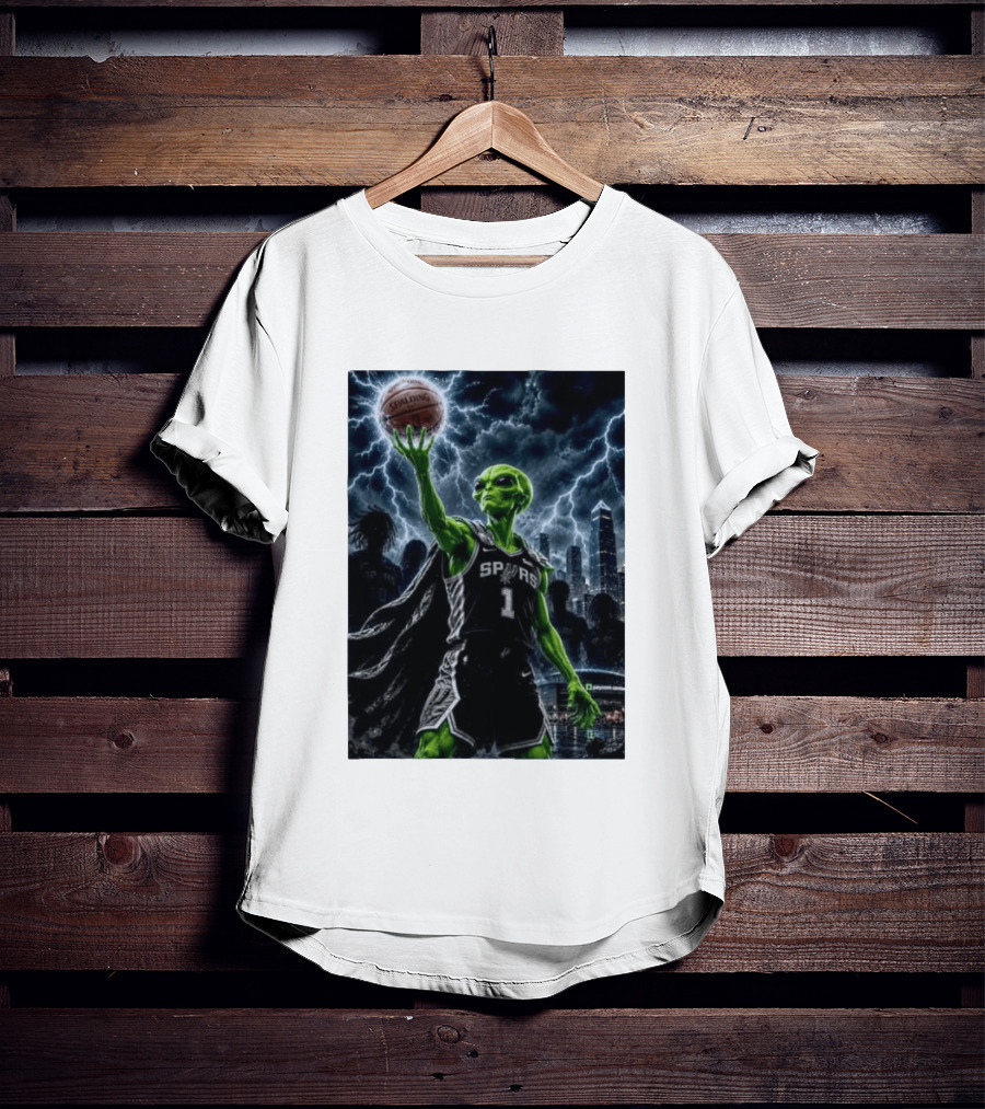 NBA Spurs Alien Spalding Basketball Hovering In Stormy City Skyline T-Shirt