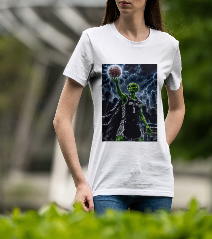NBA Spurs Alien Spalding Basketball Hovering In Stormy City Skyline T-Shirt