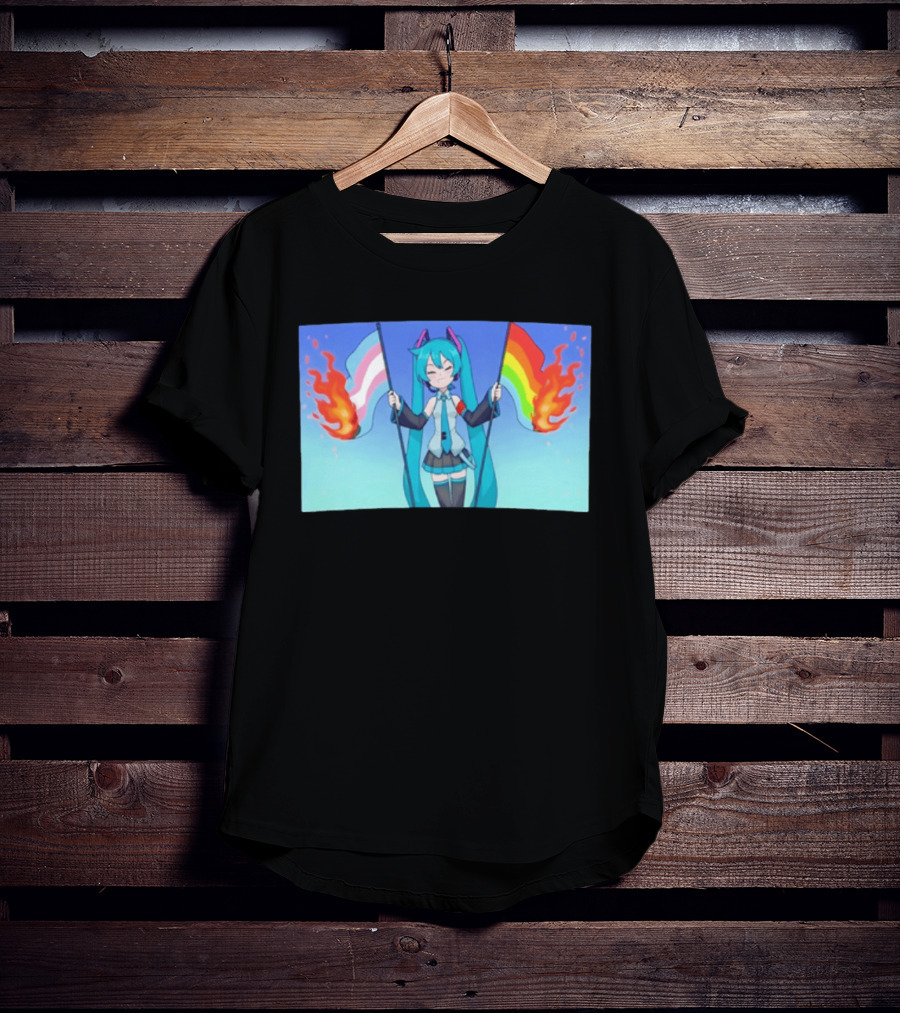 Anime Vocaloid Miku Holding Burning Transgender And Rainbow Flags Controversial Pride Month 2026 T-Shirt