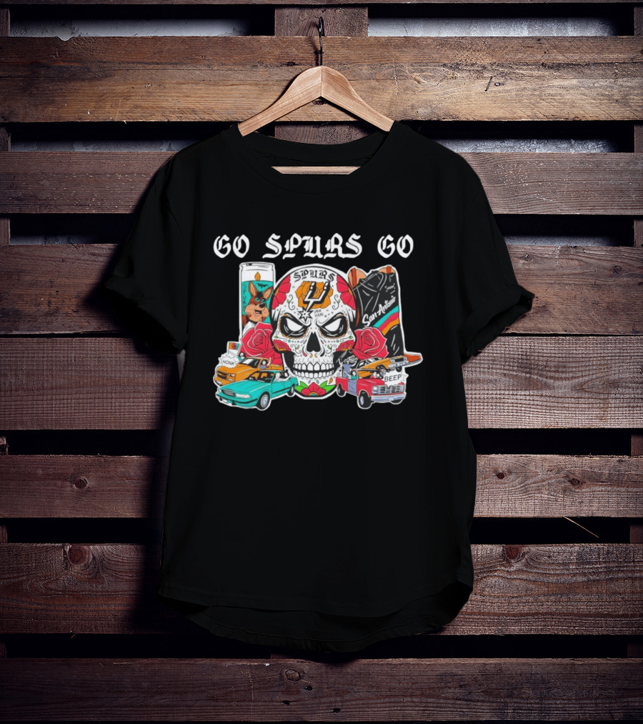 Go Spurs Go SAS Wemby Spurs The Alien Sugar Skull San Antonio Cars Roses T-Shirt