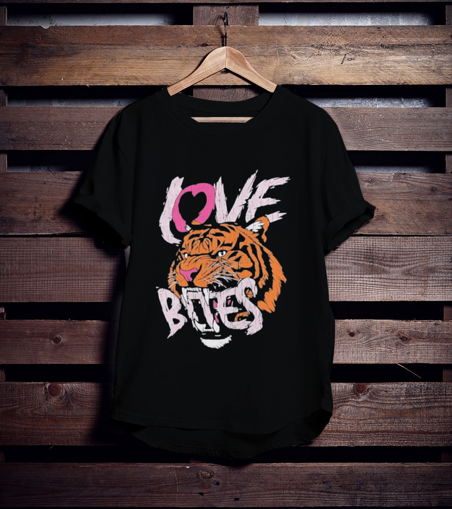 Love Bites Roaring Tiger Face Bold Pink And Orange T-Shirt