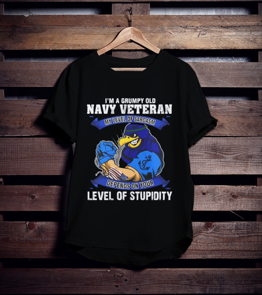 Grumpy Old Navy Veteran Sarcasm Stupidity Level Patriotic Eagle T-Shirt