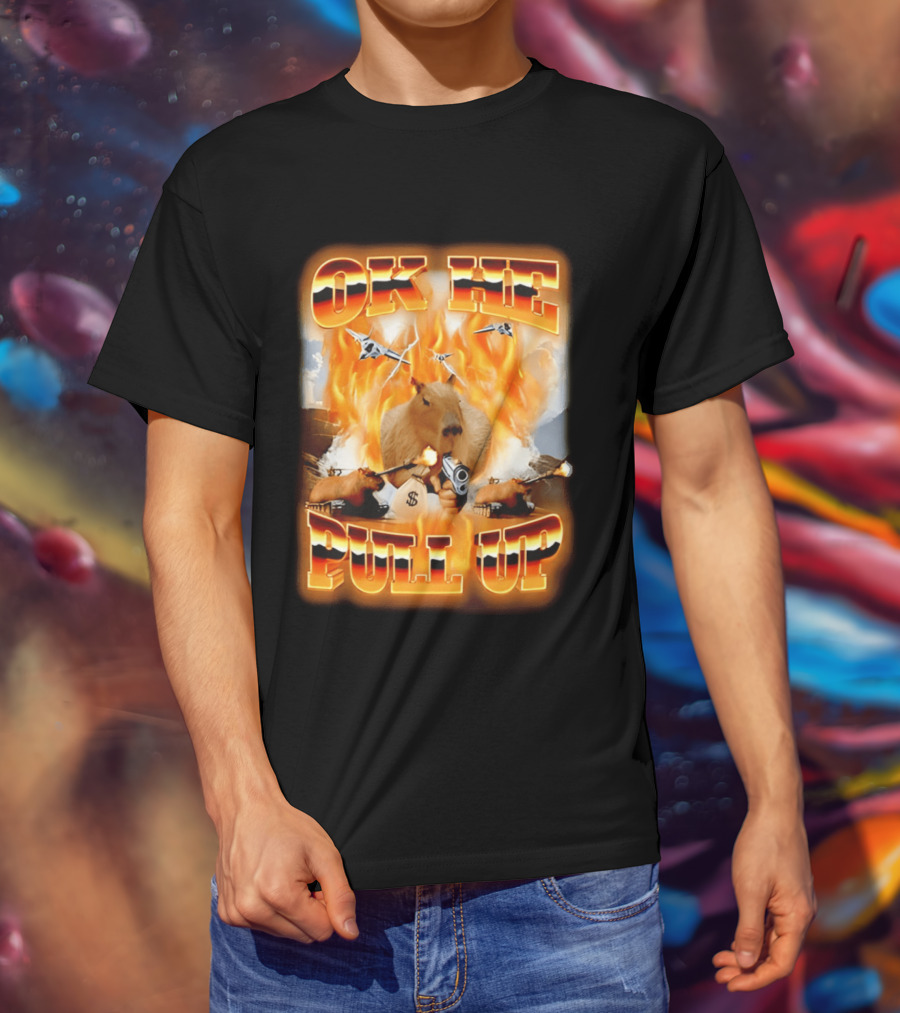 Ok He Pull Up Capybara Surrounded By Fire With Jets And Guns T-Shirt