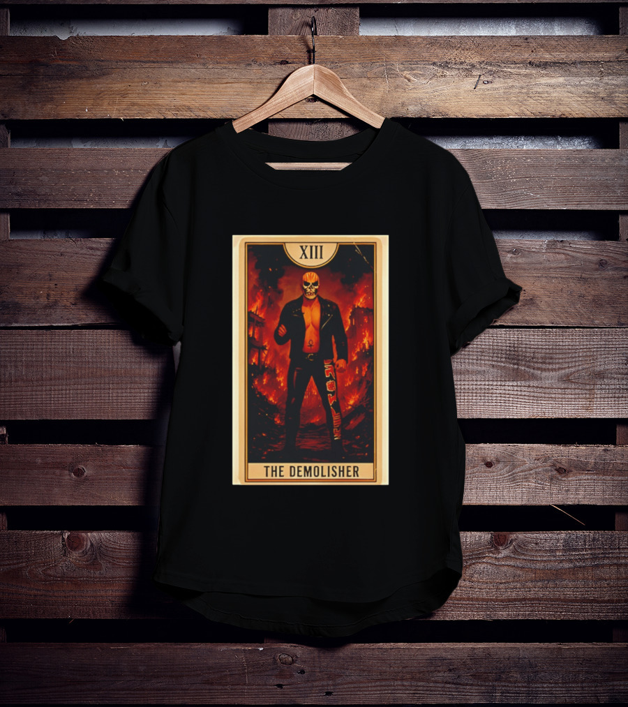 XIII The Demolisher Tarot Card Skull Masked Figure In Flames T-Shirt