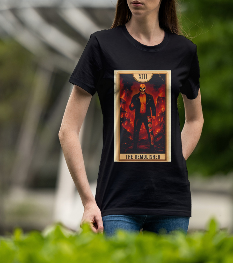 XIII The Demolisher Tarot Card Skull Masked Figure In Flames T-Shirt