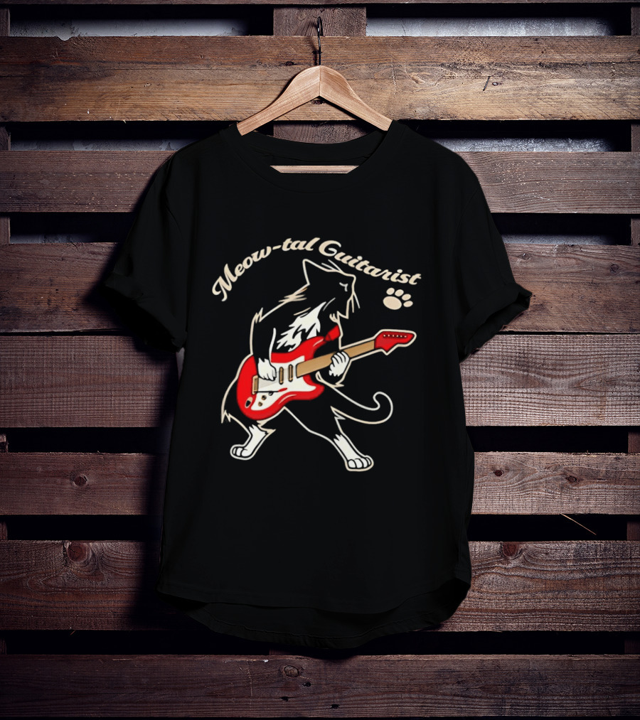 Meow Tal Guitarist Cat Playing Red Electric Guitar T-Shirt