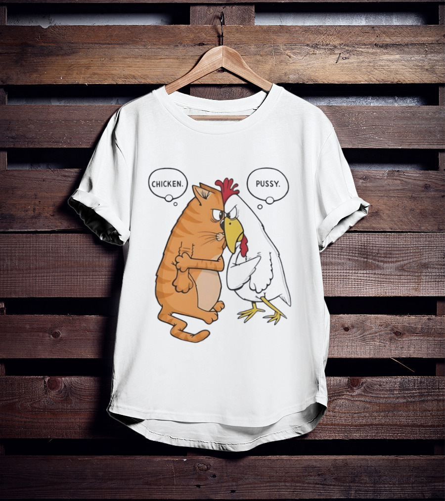 Chicken Pussy Standoff Cartoon Humor Confrontation T-Shirt