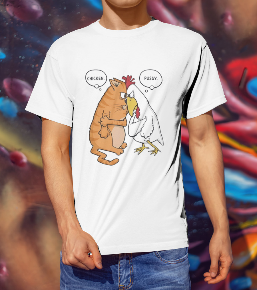 Chicken Pussy Standoff Cartoon Humor Confrontation T-Shirt