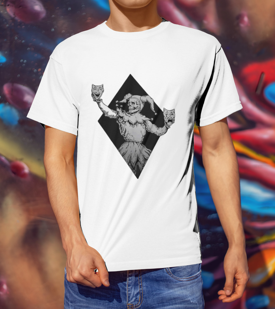Skeleton Jester Holding Comedy And Tragedy Masks Medieval Gothic Costume T-Shirt