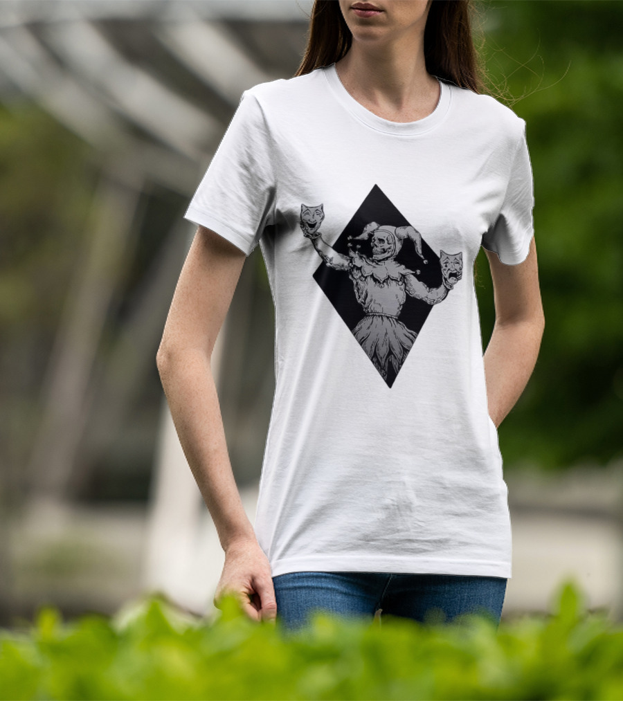 Skeleton Jester Holding Comedy And Tragedy Masks Medieval Gothic Costume T-Shirt