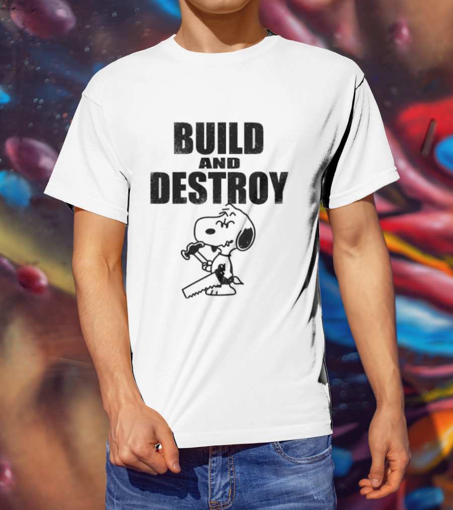 Snoopy Peanuts Build And Destroy Text Hammer Cartoon T-Shirt