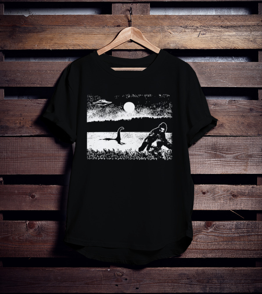 Bigfoot Nessie UFO Cryptid Creature Paranormal Mystery Nature Scene T-Shirt