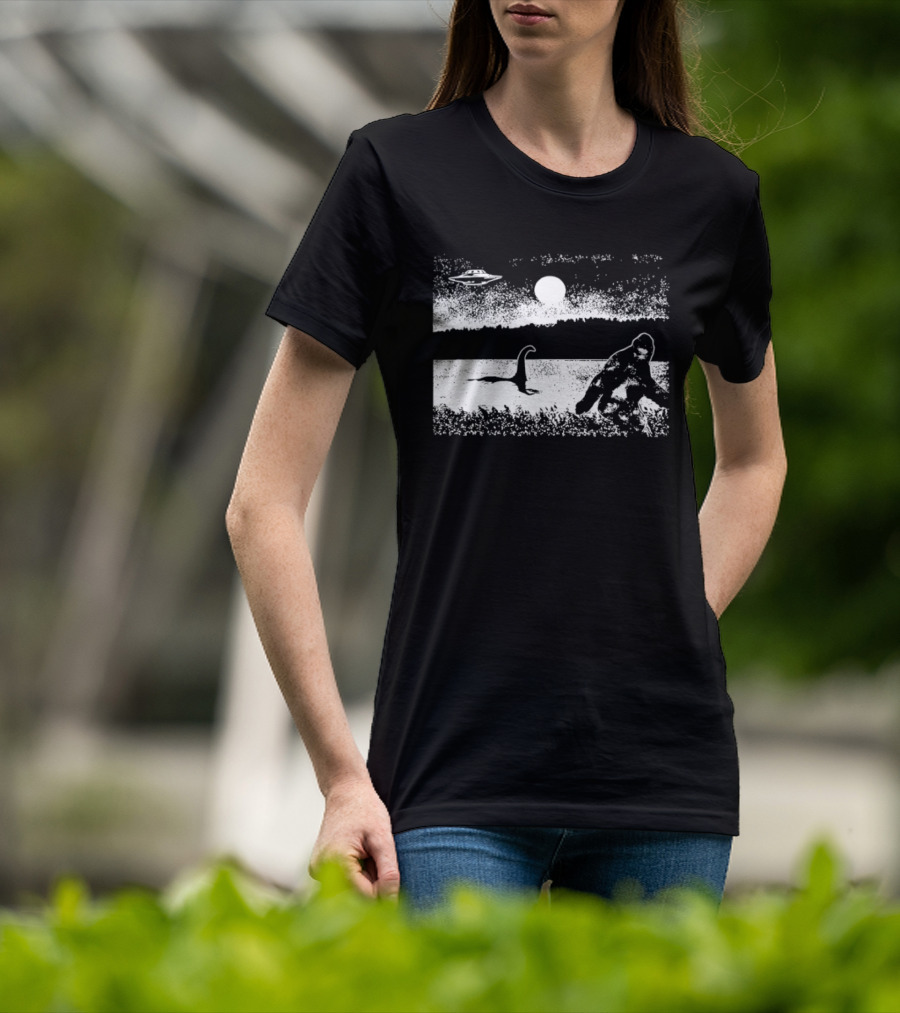 Bigfoot Nessie UFO Cryptid Creature Paranormal Mystery Nature Scene T-Shirt