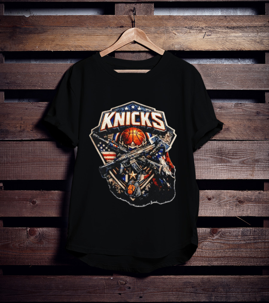 Knicks Basketball Rifles Badge American Flag Emblem NY Star T-Shirt
