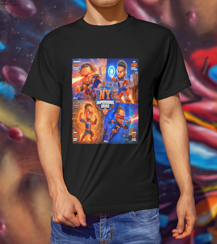NY Superhero Quad Brunson Captain Clutch Hart Energy Heat Deuce Flash Factor Kat Towers Of Power T-Shirt