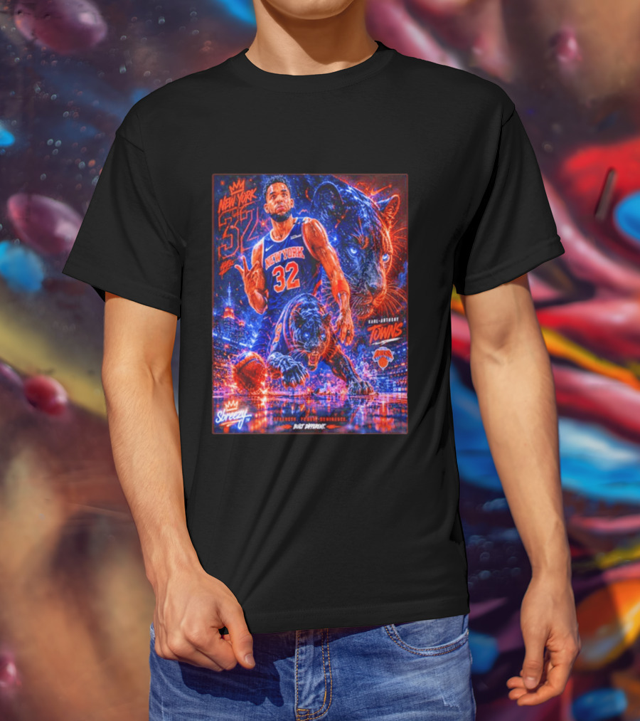 New York 32 Karl Anthony Towns Panther Blossom Street Slicey NBA Knicks T-Shirt