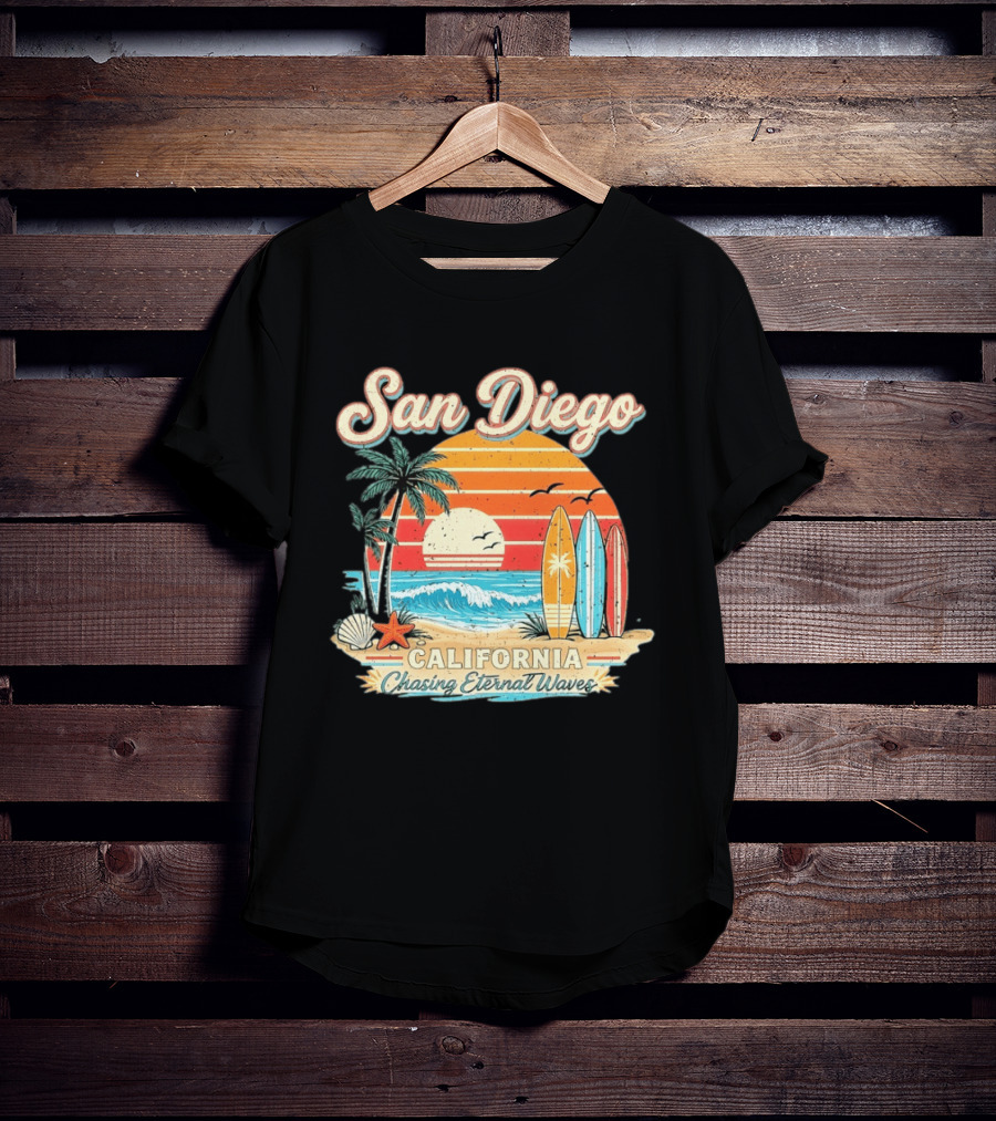 San Diego California Surfing Sunrise Chasing Eternal Waves Beach Vacation T-Shirt