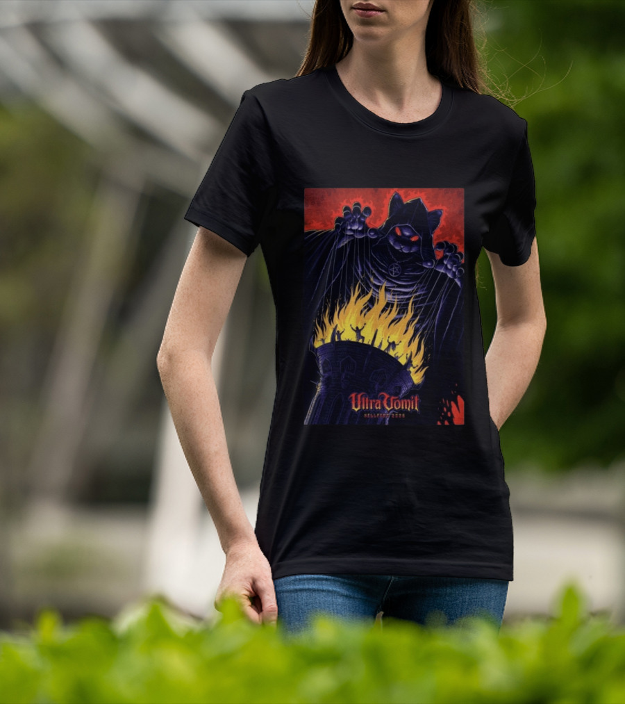 Ultra Vomit Hellfest 2026 Clisson France Jun 19 Puppet Master Cat With Fire Tower T-Shirt