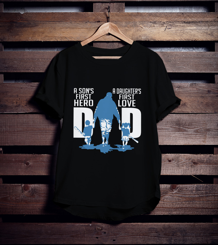 Dad A Son's First Hero A Daughter's First Love Blue Silhouette With Kids And Baseball Bats T-Shirt