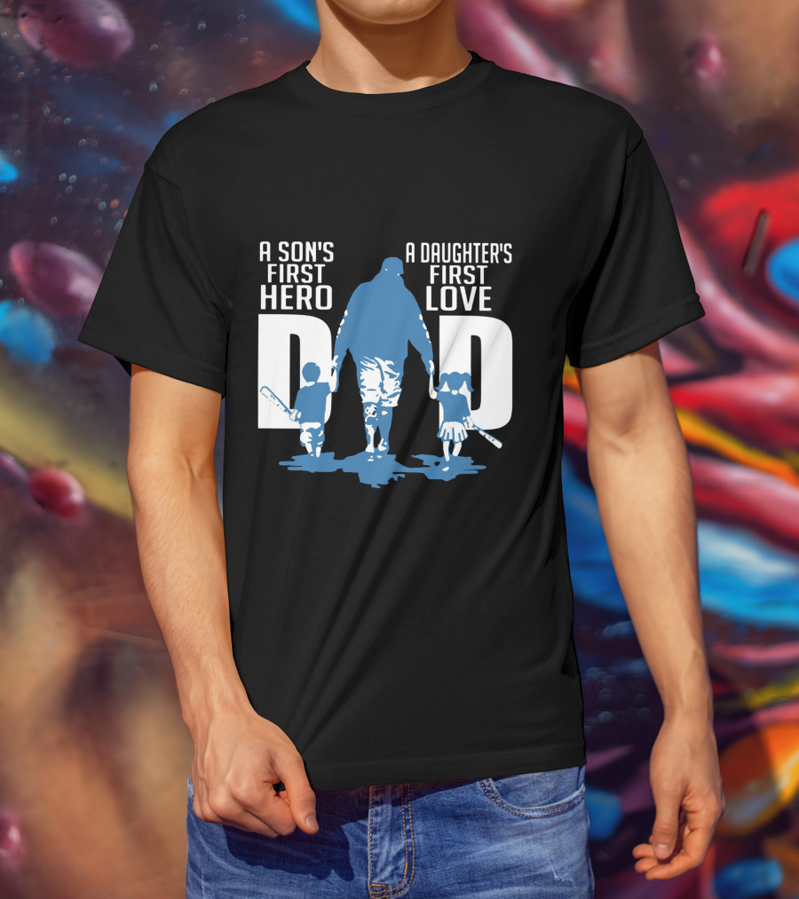 Dad A Son's First Hero A Daughter's First Love Blue Silhouette With Kids And Baseball Bats T-Shirt