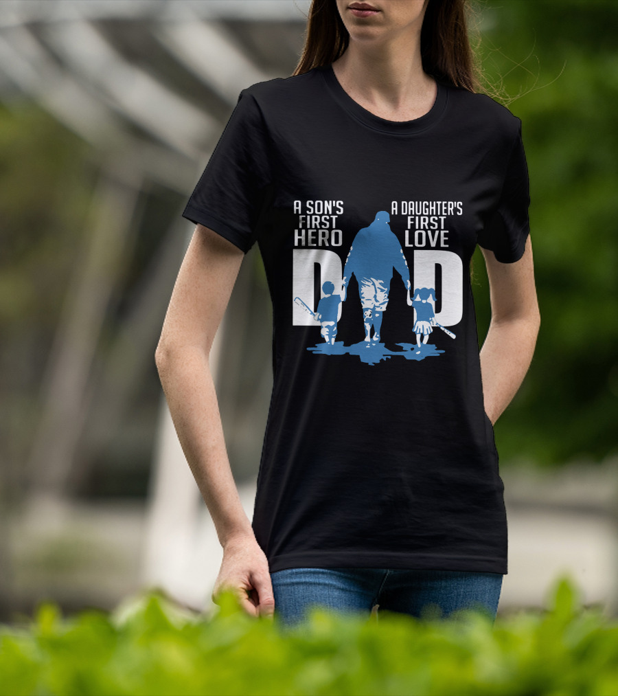 Dad A Son's First Hero A Daughter's First Love Blue Silhouette With Kids And Baseball Bats T-Shirt