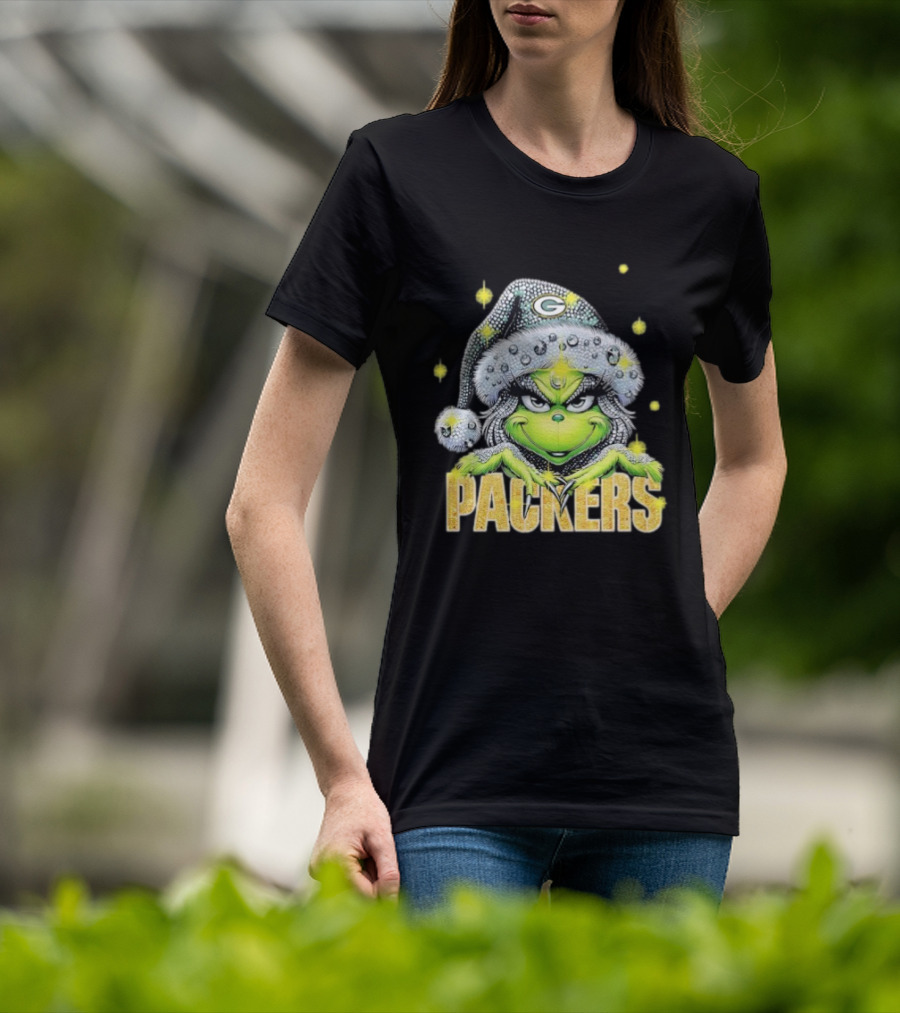 Green Bay Packers Grinch Santa Hat Christmas Football Fan Apparel T-Shirt