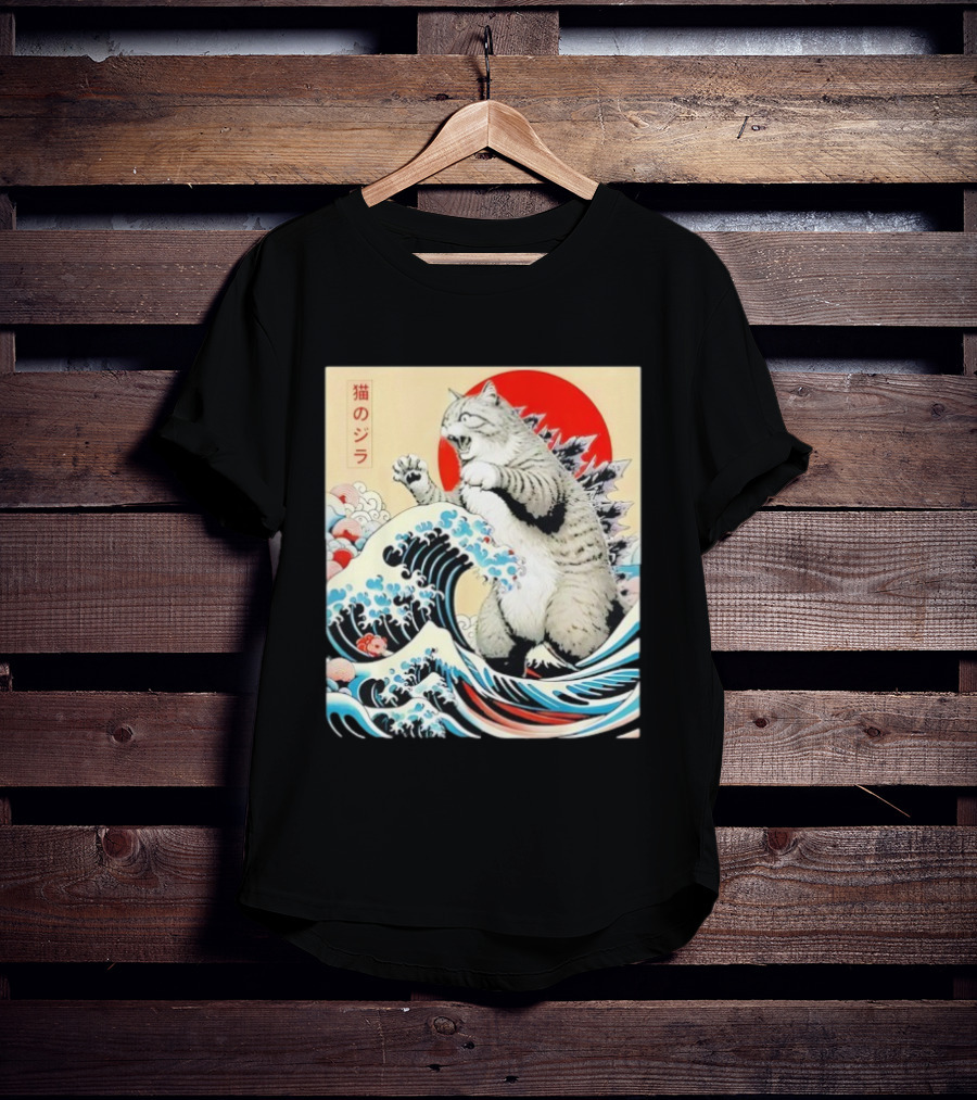 Catzilla Ukiyo-e Japanese 猫のジラ Kanagawa Waves Red Sun T-Shirt